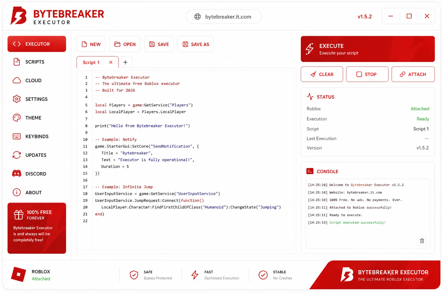 Bytebreaker Executor v2 — Lua script editor with real-time console output showing successful execution on Roblox