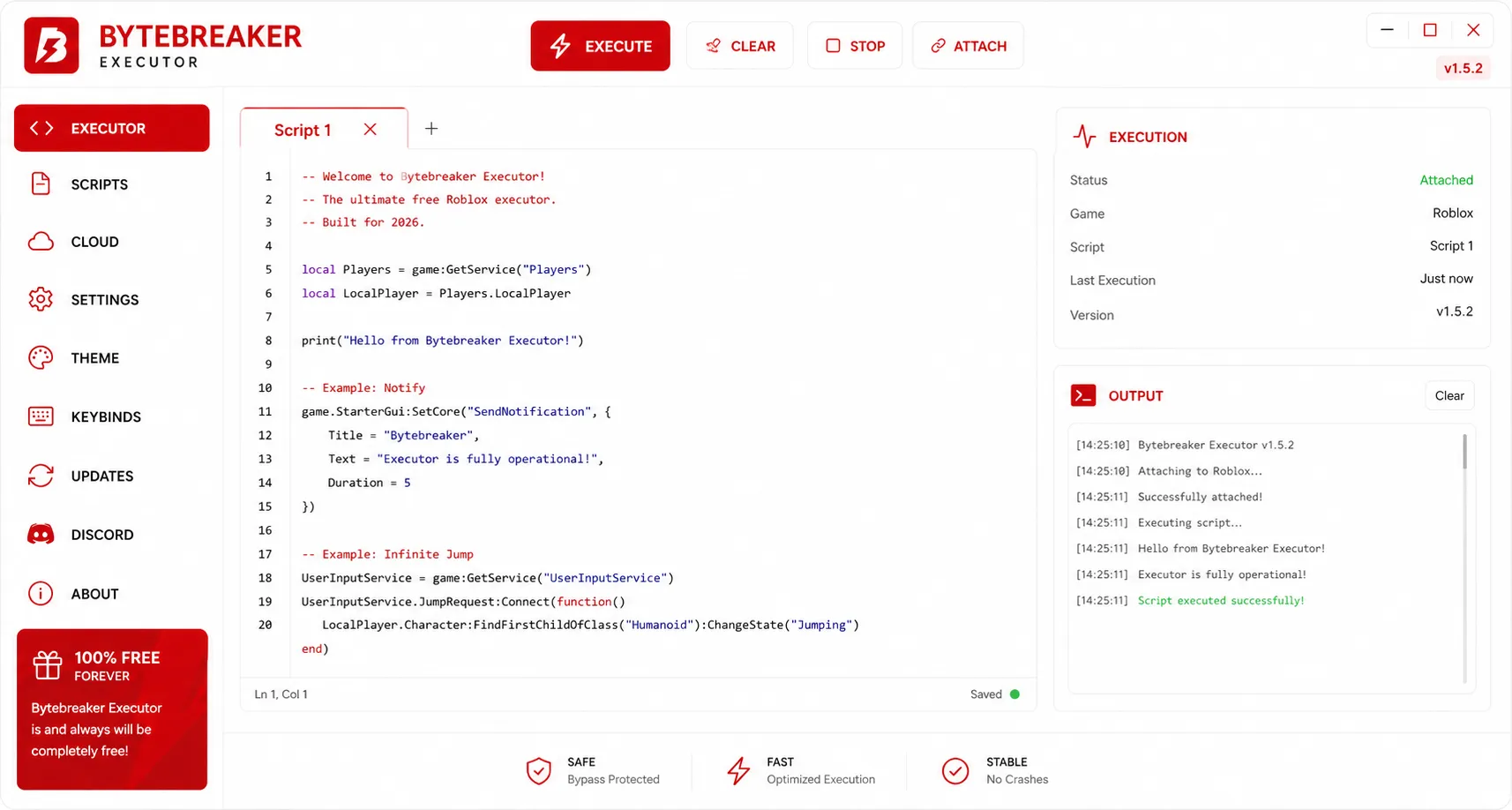 Bytebreaker v2 editor showing multi-tab Lua scripting with live execution output panel